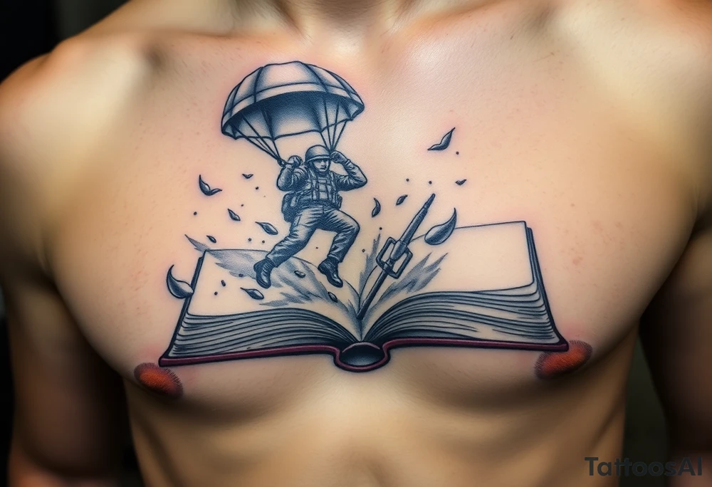 A parachuting soldier falling into an open book. Chaos surrounding, but the book is protecting the soldier from it. On the chest. Make the tattoo smaller. Make it thought provoking. Make the chaos in the environment be an eerie mist. Make the pages in the book be blank. Just one soldier, no other characters. the book is old. tattoo idea