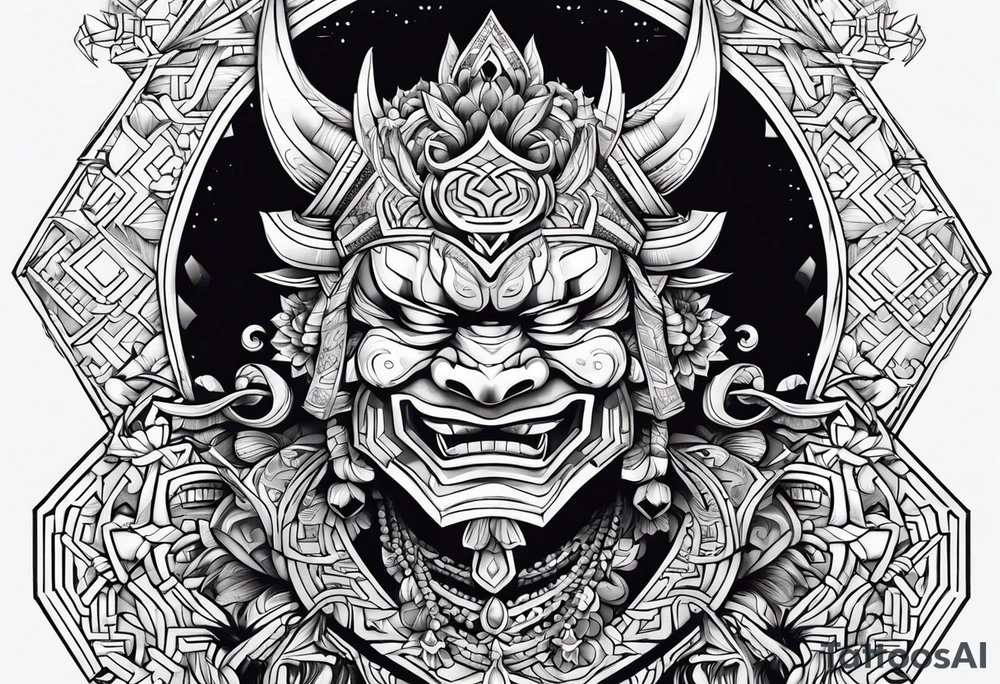 Um gueixa com máscara oni segurando um leque tattoo idea