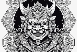 Um gueixa com máscara oni segurando um leque tattoo idea