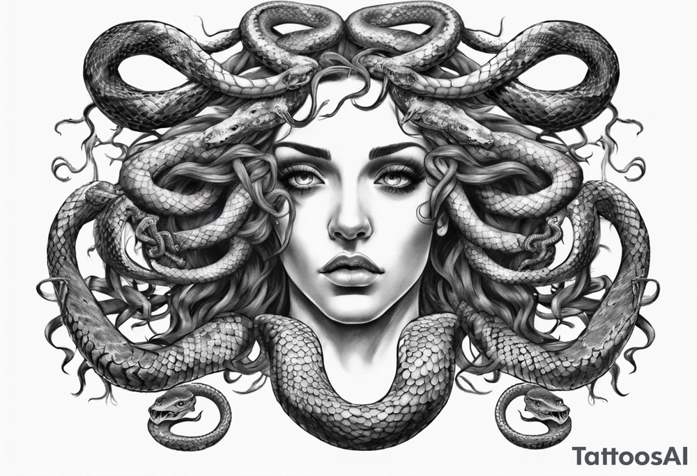 Medusa front profile with snakes for hair and white eyes tattoo idea