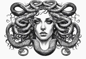 Medusa front profile with snakes for hair and white eyes tattoo idea