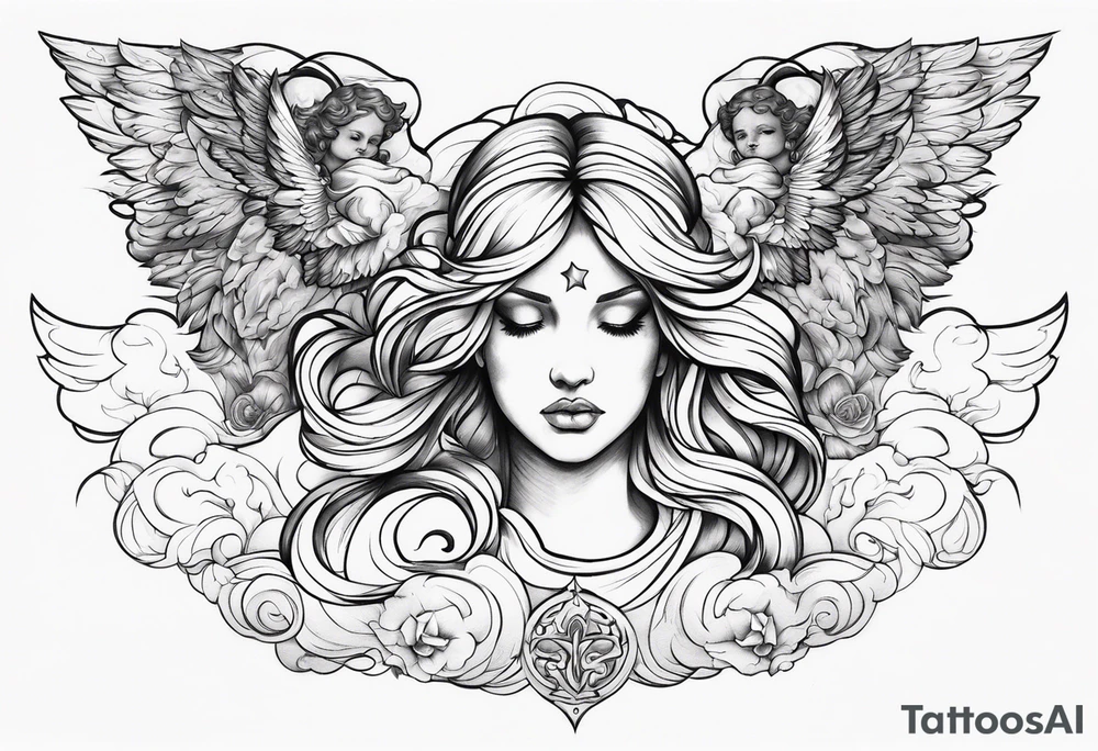 one big angel with 3 angels flying in the back with shading and clouds tattoo idea