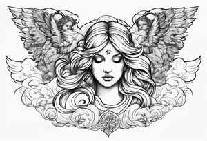 one big angel with 3 angels flying in the back with shading and clouds tattoo idea