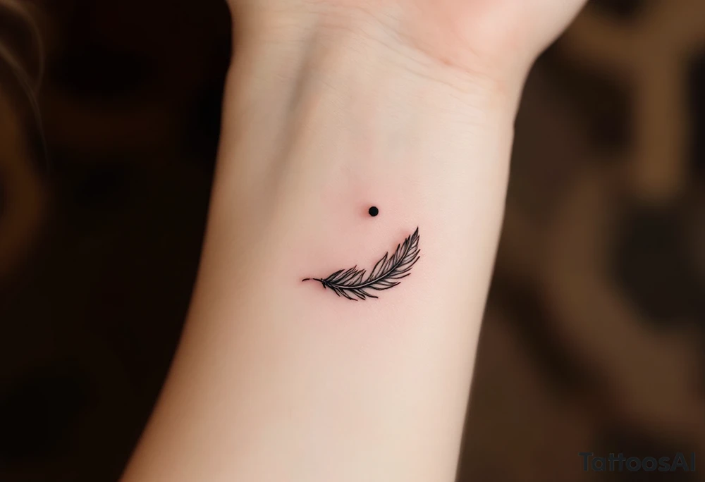 A comma with a dot above it with a feather near to it tattoo idea
