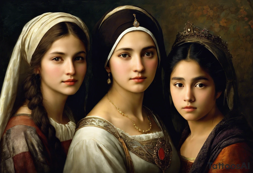 Three women's faces next to each other. The woman on the left is still a girl about 13 years old, the woman in the middle is about 40 years old and the one on the right is about 75 years old. The woman in the middle is looking at the bearer. The other two are looking at the woman in the middle. The tattoo is shaded on the chest of a man in black and white tattoo idea