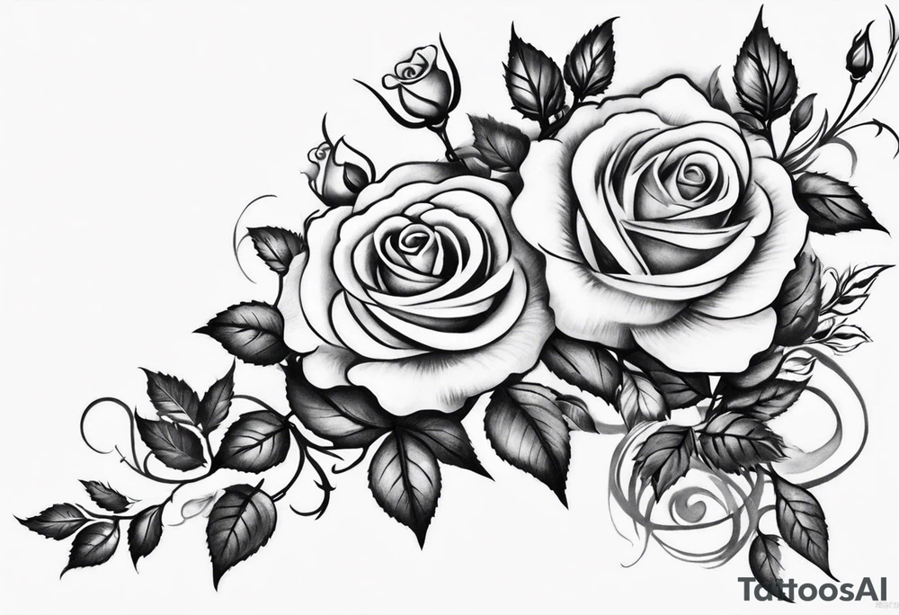 draw image of sleeve tattoo that has 65 small roses on a vine, they can be different sizes. It is long and narrow in design so it fits on an arm. The vine has some leaves and thorns but not too many. The roses will be a mix of small and medium size with some front on and others side on. tattoo idea
