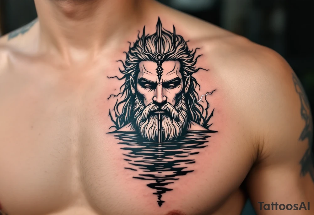 neptune with trident half way in calm water with lightning tattoo idea