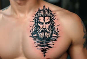 neptune with trident half way in calm water with lightning tattoo idea