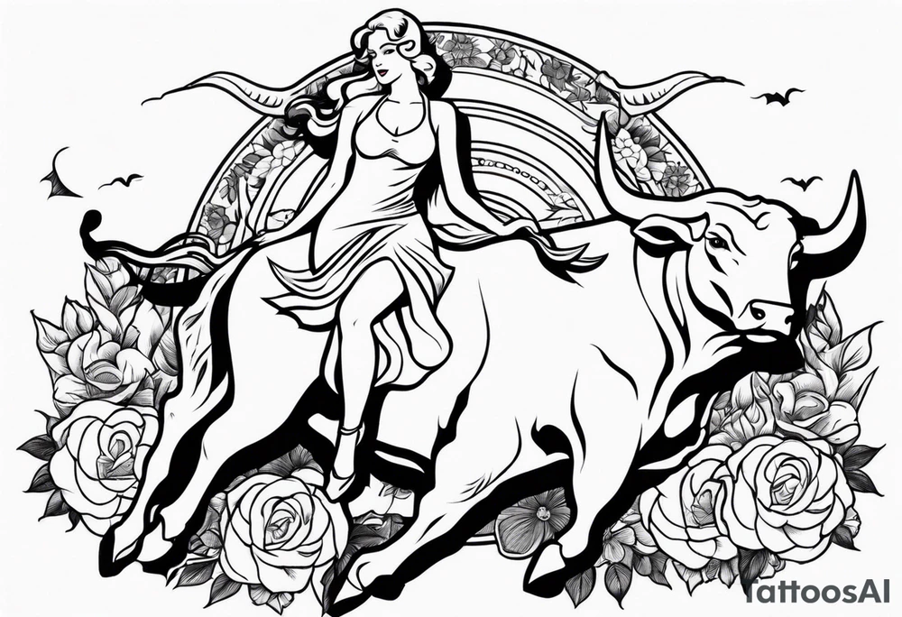 a blonde beautiful woman wearing devil costume rides a bull old school flowers tattoo idea