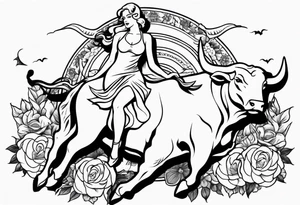 a blonde beautiful woman wearing devil costume rides a bull old school flowers tattoo idea