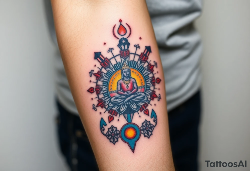 A symbol of victory over enemies surrounded by symbols of meditation and a new life. the tattoo stretches along the arm. tattoo idea