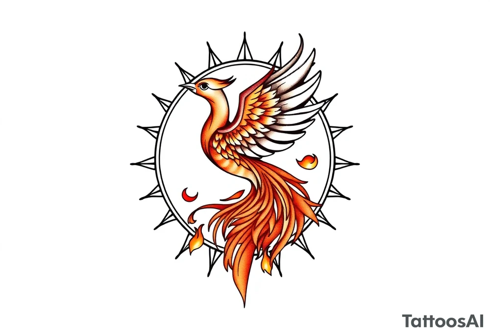 magical phoenix rising from golden flames with trailing embers surrounded by geometric sun and moon tattoo idea