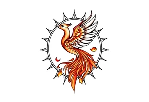 magical phoenix rising from golden flames with trailing embers surrounded by geometric sun and moon tattoo idea