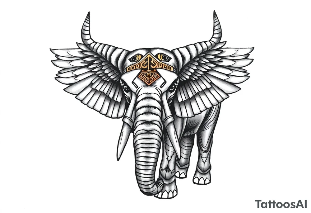 A horned African elephant with ears that resemble the wings of a falcon and covered in Egyptian symbolism tattoo idea