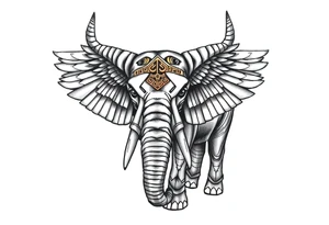 A horned African elephant with ears that resemble the wings of a falcon and covered in Egyptian symbolism tattoo idea