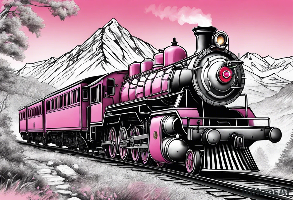 Mountain steam train with pink background tattoo idea