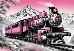 Mountain steam train with pink background tattoo idea