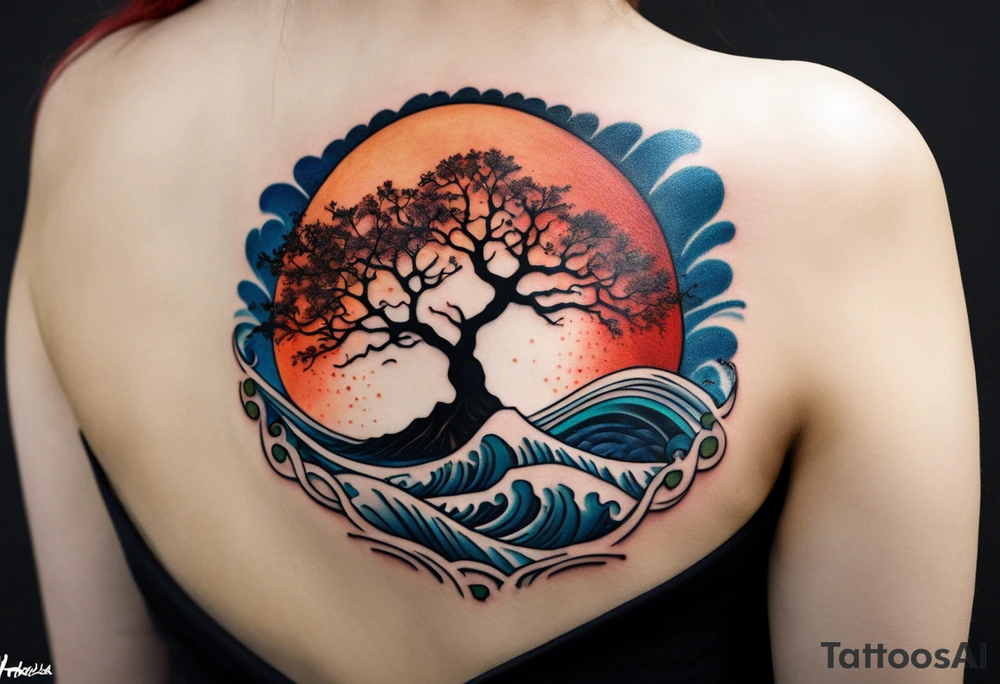 A tattoo of an abstract Tree of Life tattoo to be placed directly on the bicep of a woman. It can wrap around the arm a little. It should have roots growing out of the bottom. The roots slowly turn into water from the Great Wave by Hokusai. A golf flag should be placed discreetly growing out of the ground. 2 license plate tags should be hanging from the tree. Place a few music notes in the areas the leaves should be. The letters A U should be engraving into the tree trunk in a heart. Not inside a circle. The overall shape of the tattoo should be organic. Black and white only. tattoo idea