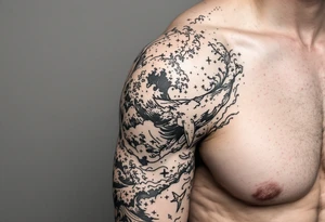 Fine line powerful ocean half sleeve with a wave, a whale and other elements with some shading tattoo idea