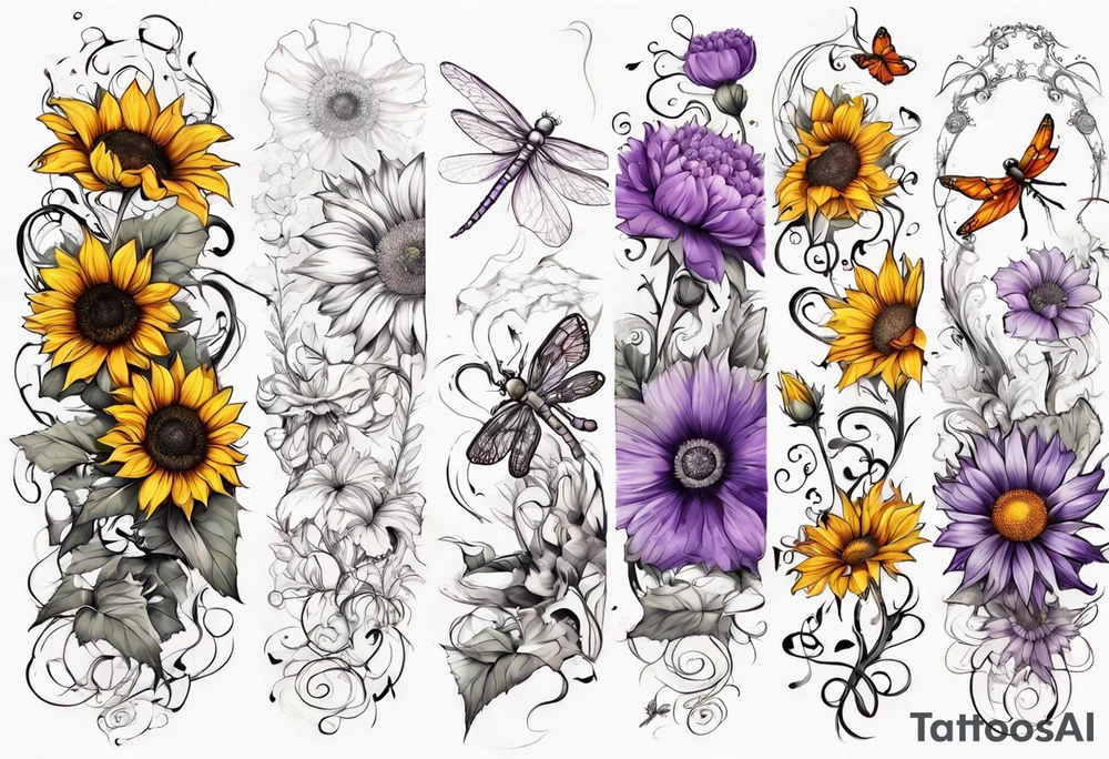 Arm sleeve, sunflowers, dragonflies, three cosmos flower, one violet, one carnation, vines , leaves, butterflies and bees tattoo idea