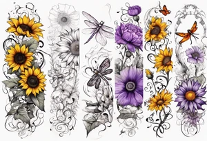 Arm sleeve, sunflowers, dragonflies, three cosmos flower, one violet, one carnation, vines , leaves, butterflies and bees tattoo idea