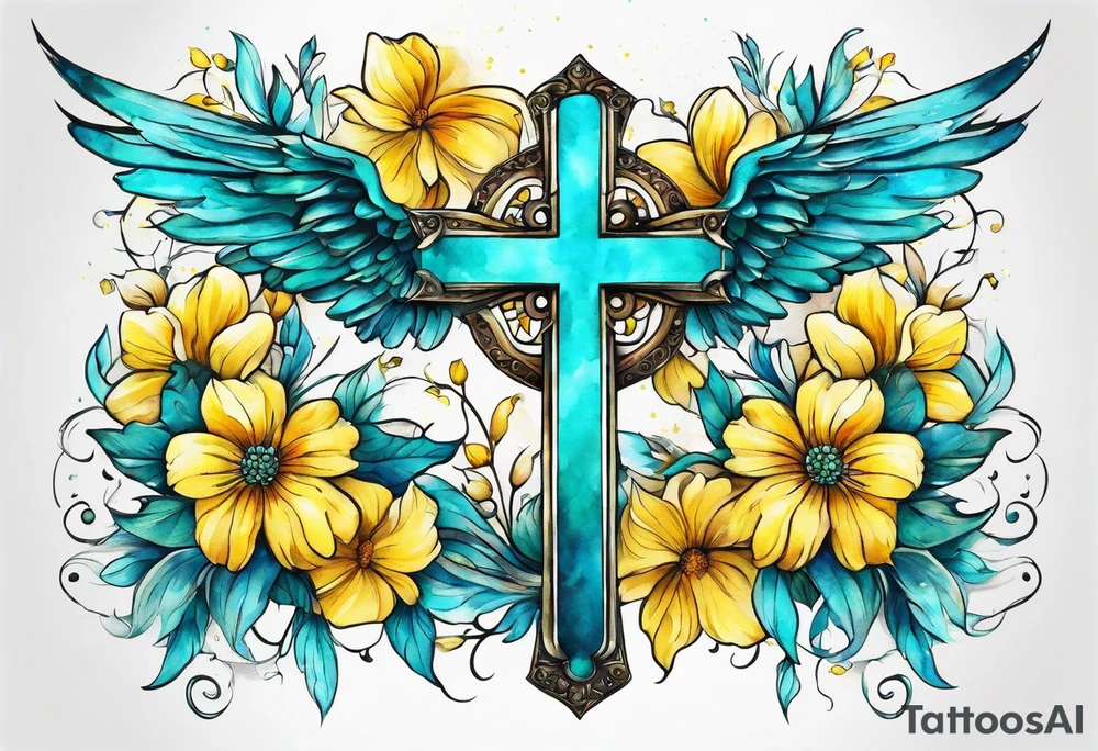 Winged cross surrounded by yellow and aqua flowers tattoo idea