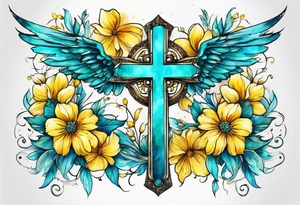 Winged cross surrounded by yellow and aqua flowers tattoo idea