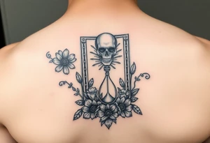 Death tarot card surrounded by a flower and hour glass tattoo idea