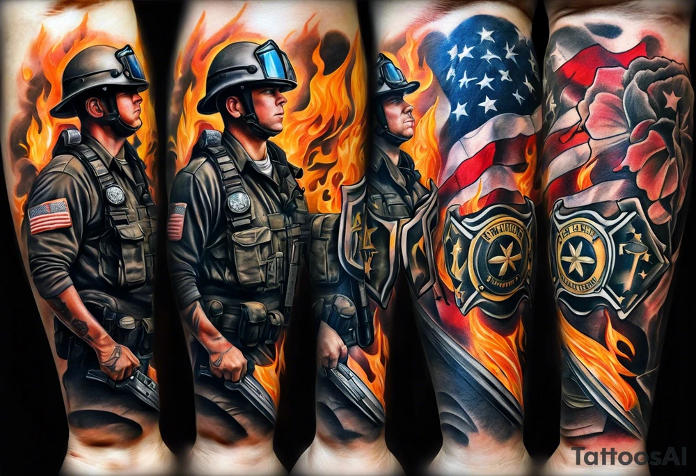 A forearm tattoo that represents the U.S. Army, the fire department, and a paramedic tattoo idea