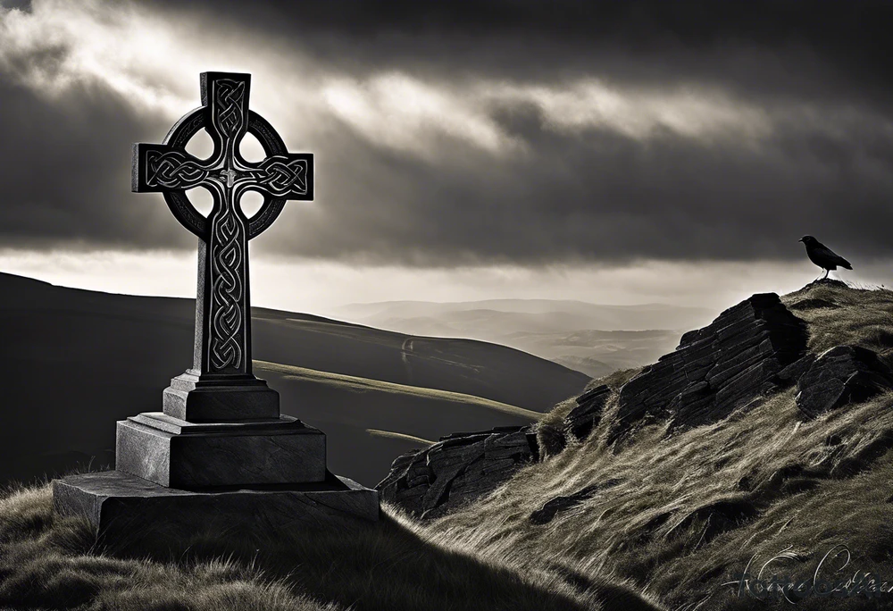 A monochromatic scene of a stone Celtic cross standing tall against a windswept hill. The intricate designs etched into the cross are starkly contrasted against its weathered, black surface. At the arm of the cross, a large raven perches elegantly, its ebony feathers seemingly absorbing the light. The bird's piercing eyes are fixed on something beyond the viewer's sight, lending an air of mystery to the already enigmatic monument. The surrounding landscape is desolate and barren, with the occasional tuft of brown grass struggling to survive the harsh elements. A veil of fog hovers just above the ground, adding to the eerie atmosphere and further isolating the cross from the world around it. The image evokes a sense of timelessness and the enduring strength of Celtic heritage, even in the face of the relentless march of time. tattoo idea