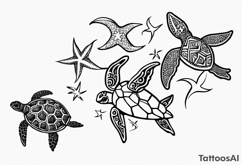 Turtle and starfish chain simple small tattoo idea