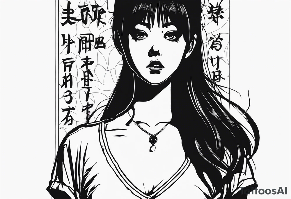 portrait of tomie standing up a character by the horror manga author junji ito full body standing murderously. add more horror and gore elements tattoo idea