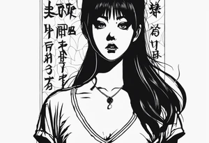 portrait of tomie standing up a character by the horror manga author junji ito full body standing murderously. add more horror and gore elements tattoo idea