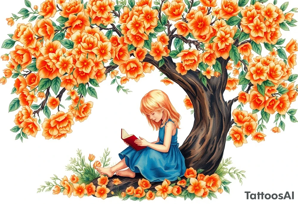 An orange tree full of flowers, a little blond girl wearing a blue dress sitting under it while reading. 


. tattoo idea