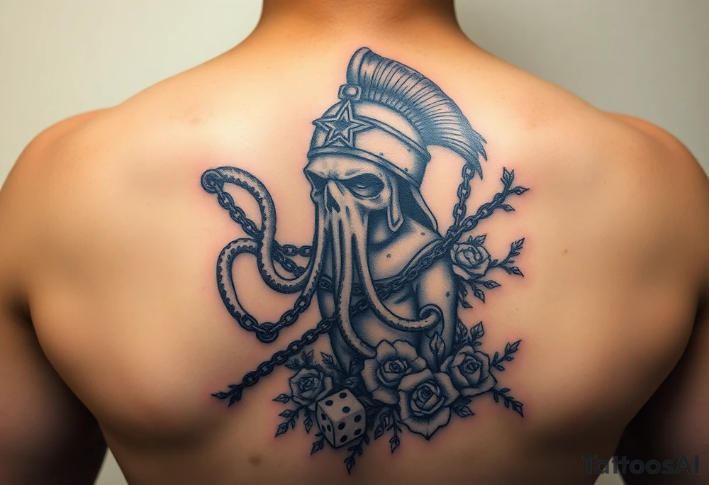 Squid and spartan and sailor hat combined with chains, tree roots, cherry blossoms and roses rolling dice tattoo idea