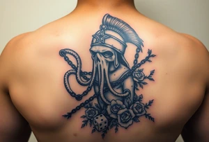 Squid and spartan and sailor hat combined with chains, tree roots, cherry blossoms and roses rolling dice tattoo idea