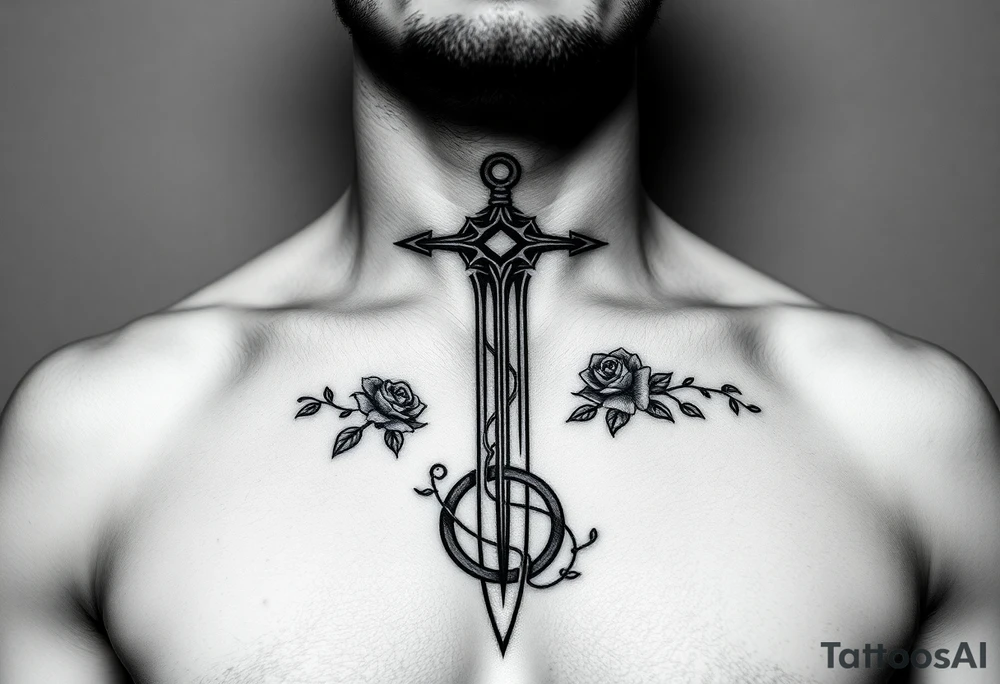 A gothic cross with a sword tip on the bottom going through an infinity sign and has roses and vines growing around tattoo idea