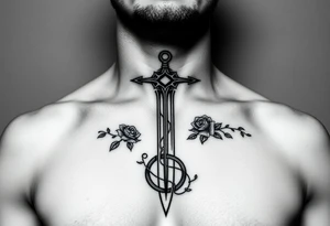 A gothic cross with a sword tip on the bottom going through an infinity sign and has roses and vines growing around tattoo idea