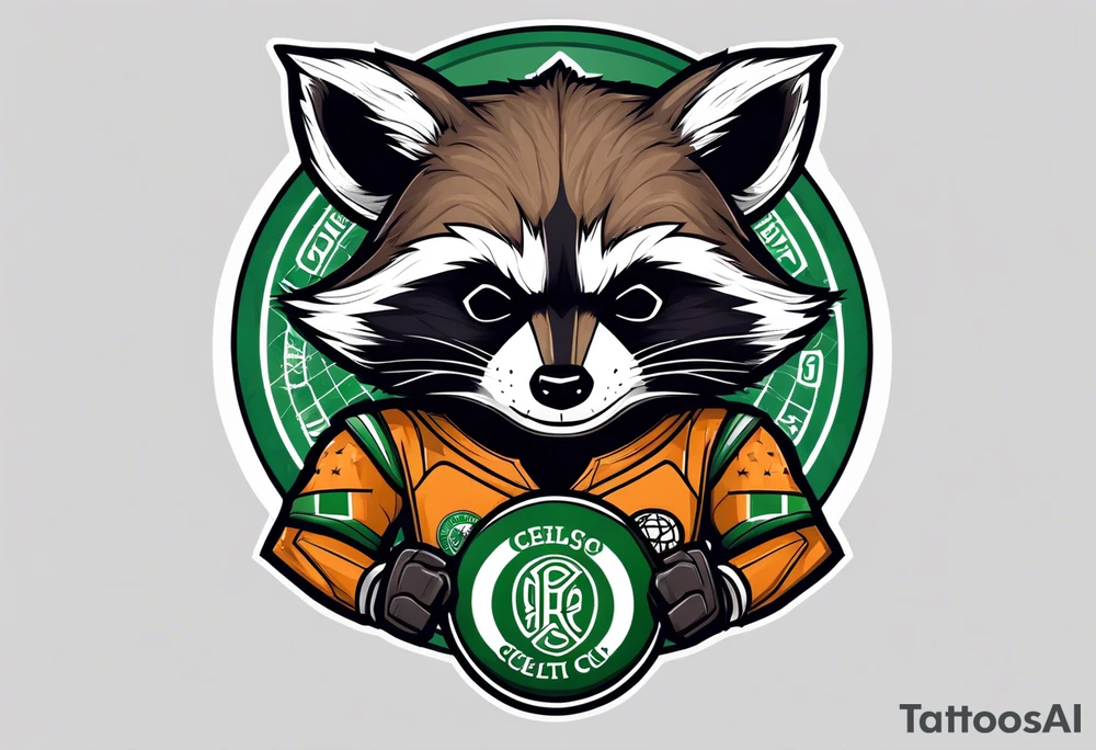 Rocket raccoon with a Glasgow Celtic football club jersey on tattoo idea