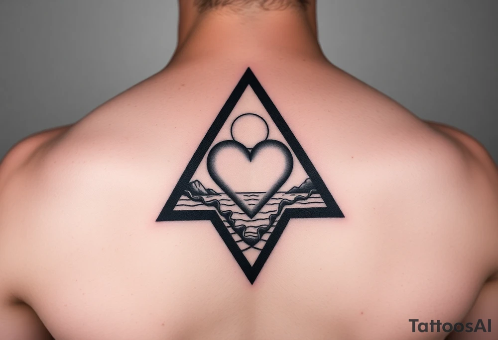 A triangle with a heart in the center and a ocean scene in background tattoo idea