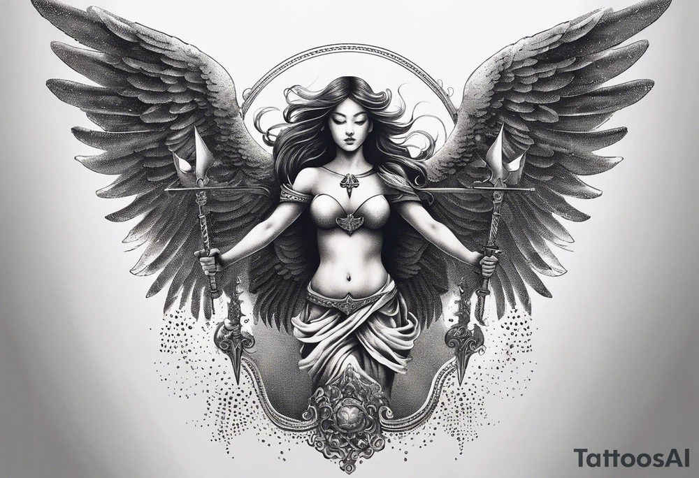 female angel with sword flying in the sky tattoo idea