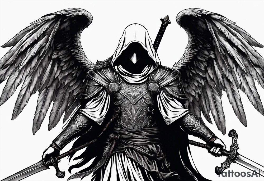 realistic angel of death, man, full body, no face visible, holding one sword, sword pointing downwards, both hands are holding the sword tattoo idea