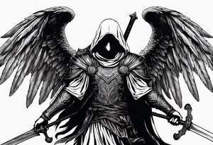 realistic angel of death, man, full body, no face visible, holding one sword, sword pointing downwards, both hands are holding the sword tattoo idea