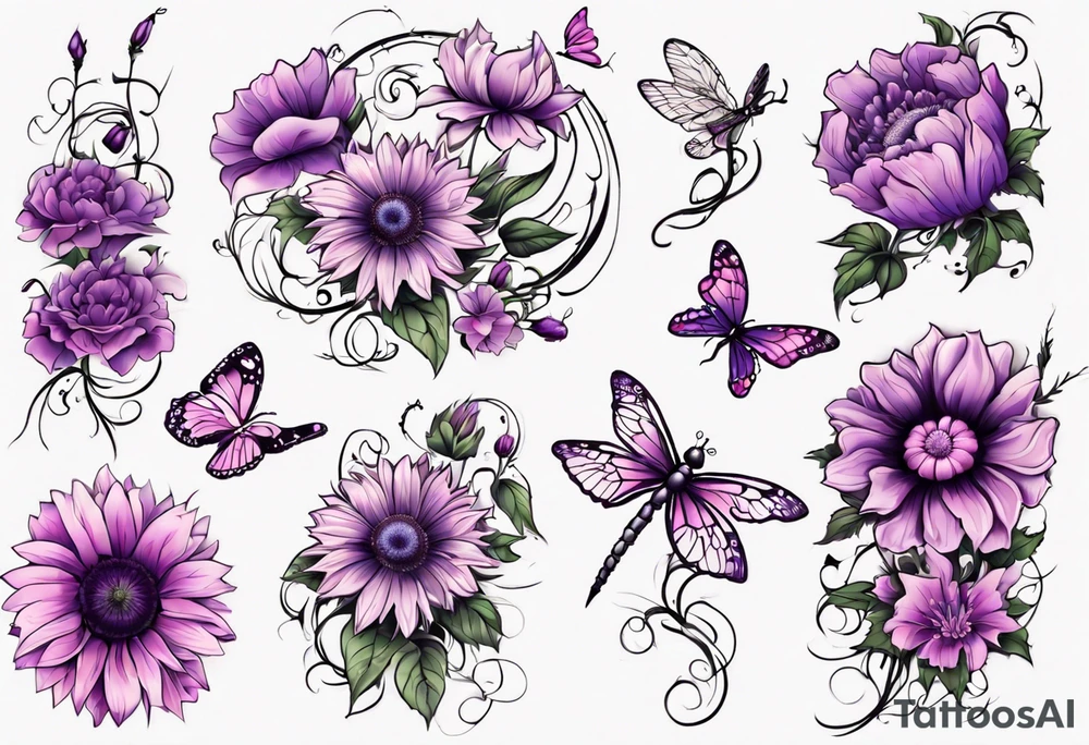 Arm sleeve, sunflowers, dragonflies, three purple cosmos flower, one violet, one pink carnation, vines , leaves and butterflies tattoo idea