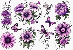 Arm sleeve, sunflowers, dragonflies, three purple cosmos flower, one violet, one pink carnation, vines , leaves and butterflies tattoo idea