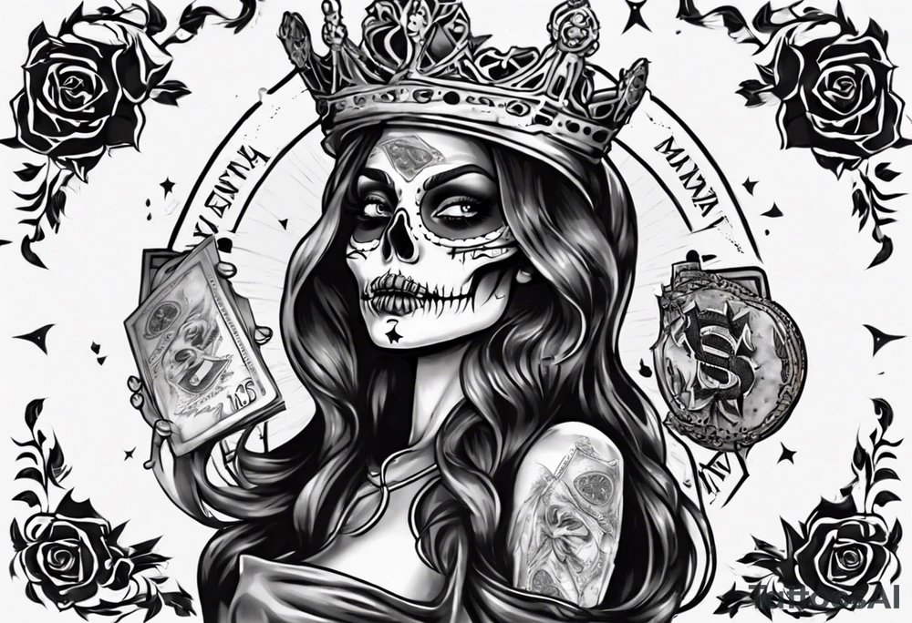santa la muerta with money and crown
on the card tattoo idea