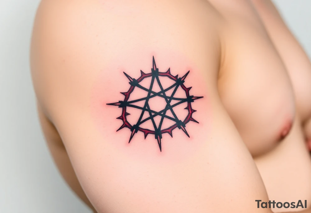 A pentagram surrounded by thorns, with deep reds and blacks, representing occult power and mystery tattoo idea