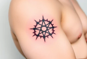 A pentagram surrounded by thorns, with deep reds and blacks, representing occult power and mystery tattoo idea