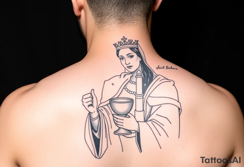 Saint Barbara tattoo holding chalice with tower in background tattoo idea