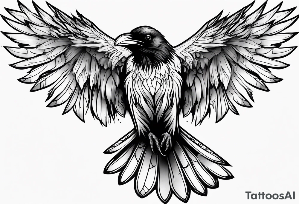 outline drawing of a flying raven with wings on fire tattoo idea